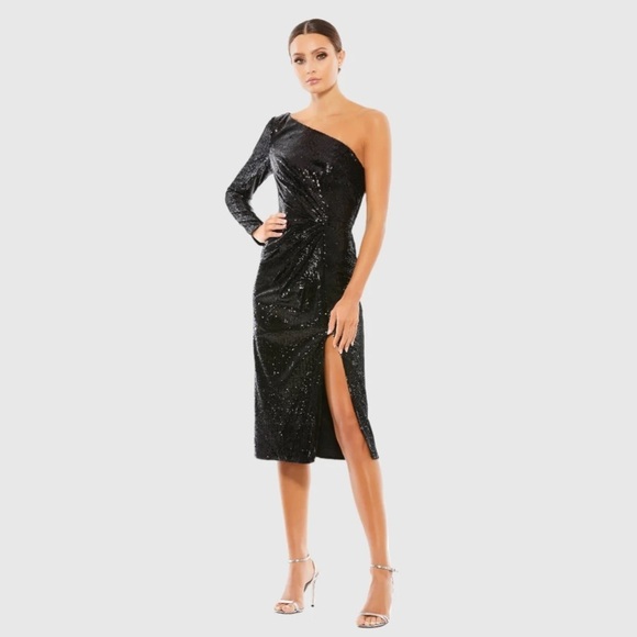 Mac Duggal 26688 NWT RUCHED SEQUINED ONE SHOULDER MIDI DRESS - Picture 1 of 7